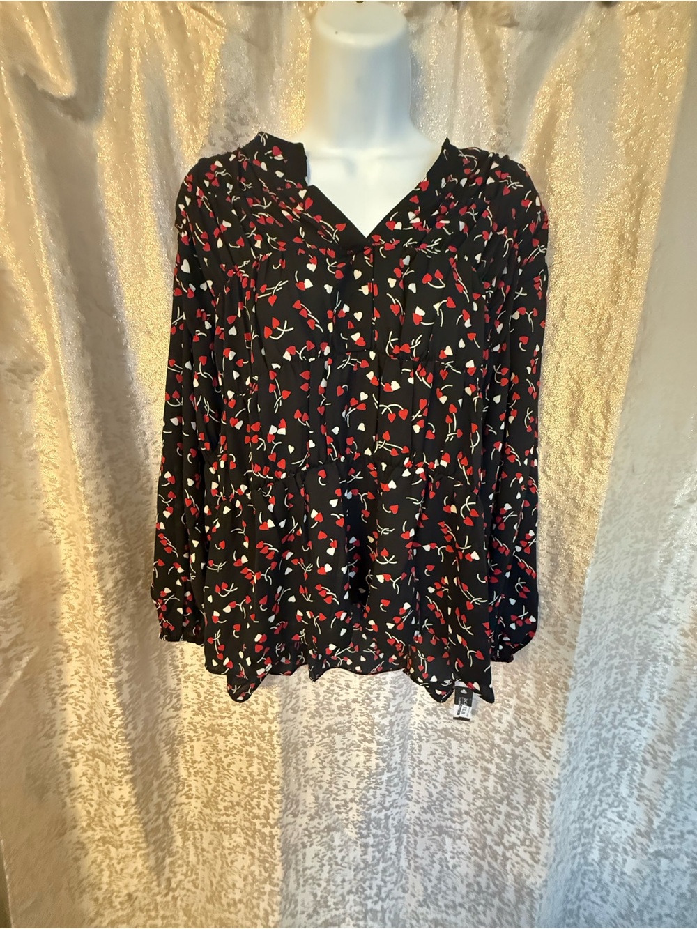 Zac & Rachel Black Floral V-Neck Blouse with Red and White Print